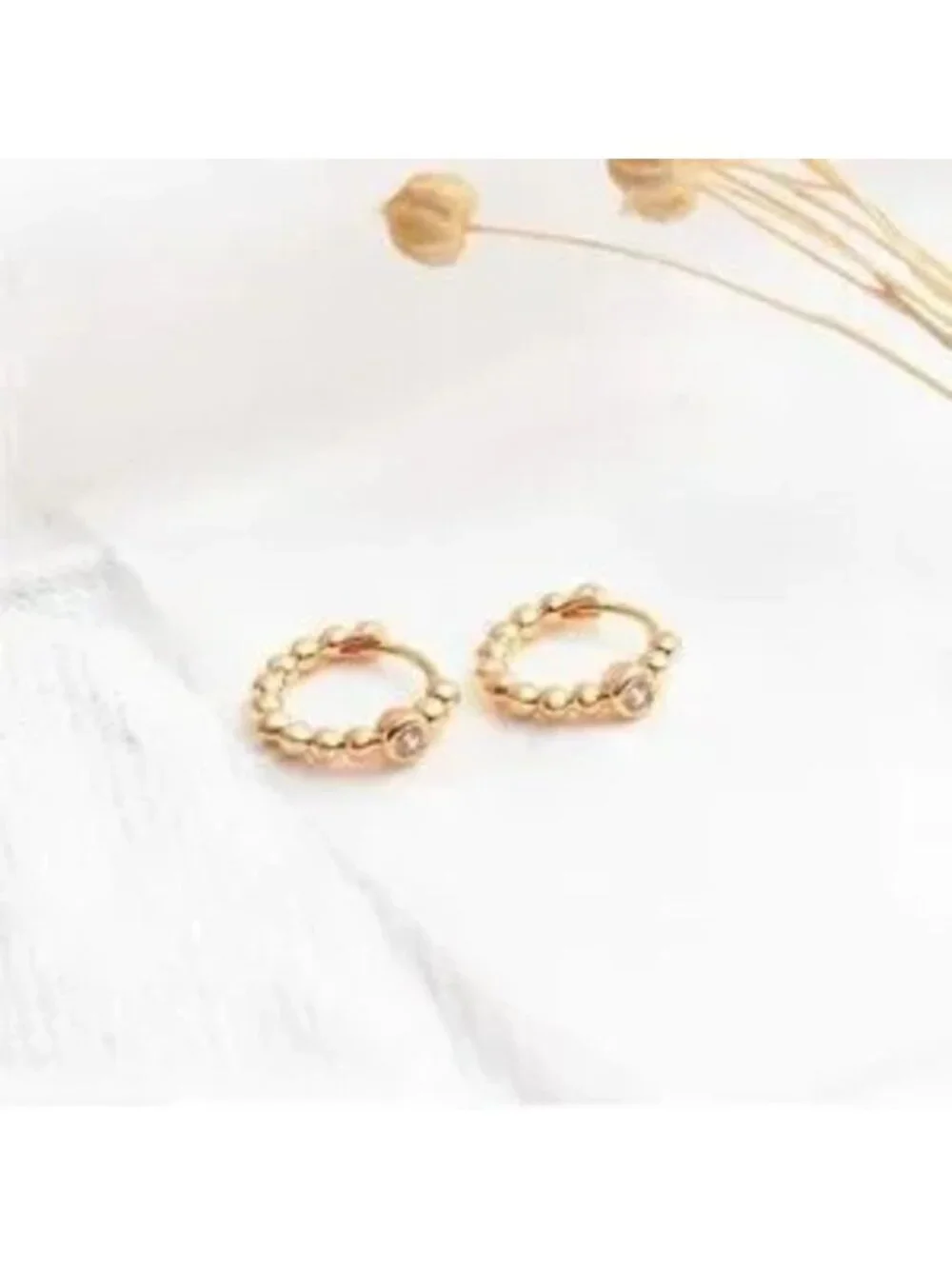 Gold 14k Gold Plated CZ Beaded Hoop Earrings